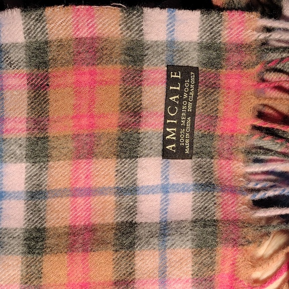 Amicale pastel pink and blue plaid merino wool scarf. 12x59 - Picture 3 of 5